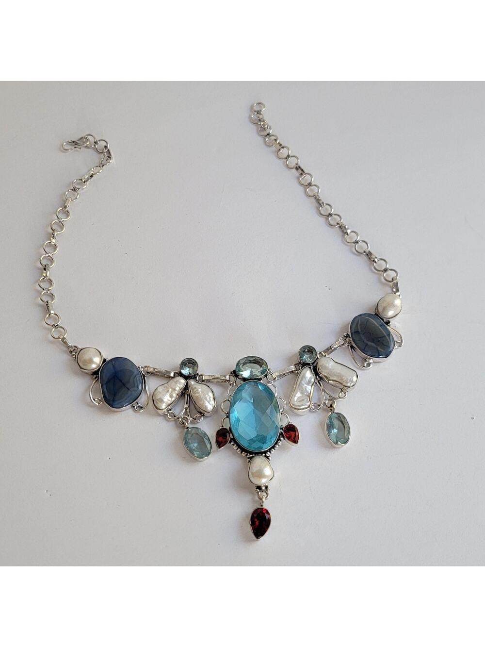 Silver 925 Aqua Gemstone Bib Necklace Pearl Garnet Oval Statement Dangle 16 In